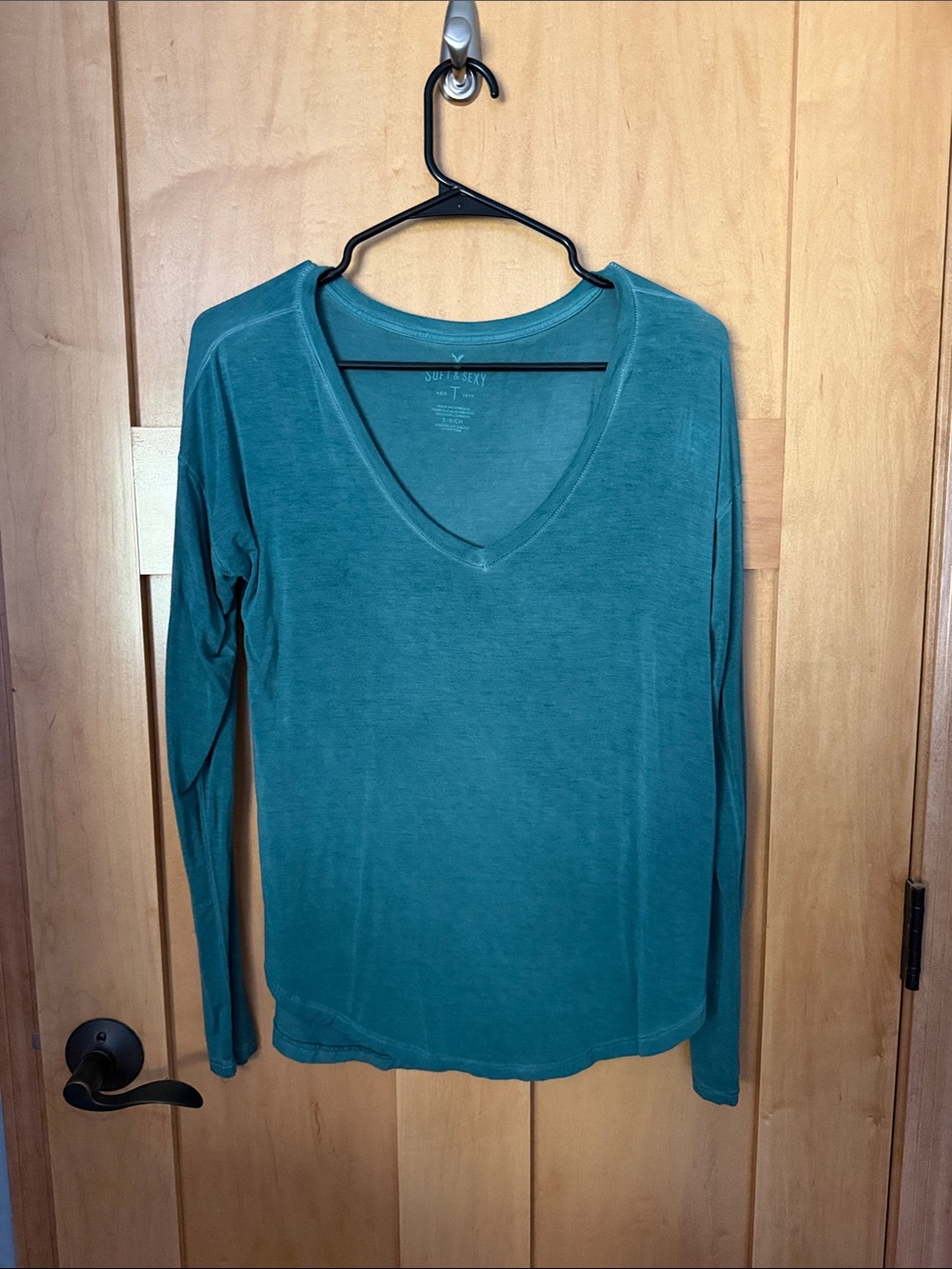 American Eagle Outfitters Teal V-Neck Long Sleeve Tee